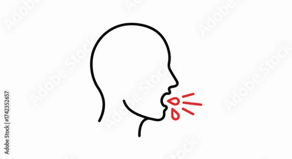 Fototapeta Human head coughing depicted by red droplets, a symbolic illustration of viral spread. Coughing is depicted with red drops, showing infection risk and transmission during flu season.