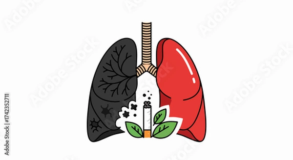 Fototapeta Comparing damaged lungs with cigarette and healthy lungs illustrated for educational awareness. Damaged lungs on left are black, contrasting sharply with healthy lungs shown in red