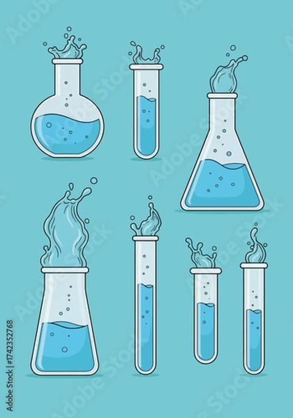 Fototapeta Glass lab beakers and test tubes, featuring turquoise background, show science experiments. Minimalist glass lab beakers and test tubes are filled with liquid creating dynamic splashes.