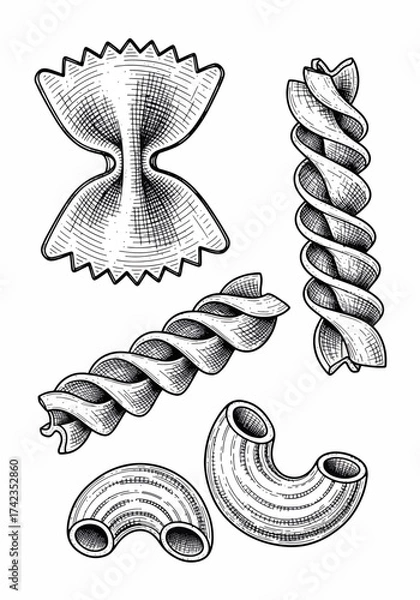 Fototapeta Pasta sketch with farfalle, fusilli, and elbow macaroni shown in detailed line drawing. Different pasta types sketch, like farfalle, fusilli, elbow macaroni, communicate the variety of pasta shapes.
