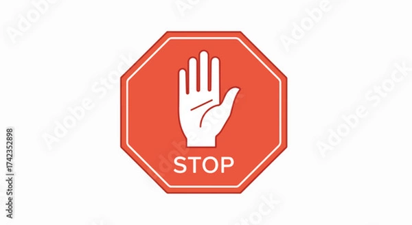 Fototapeta Illustrated stop sign with raised hand for emphasis, simple icon on clear background. Stop sign symbol includes white hand, and graphic design features octagonal red shape.