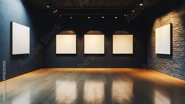 Obraz A modern art gallery featuring four blank canvases illuminated by warm lighting against a textured wall.
