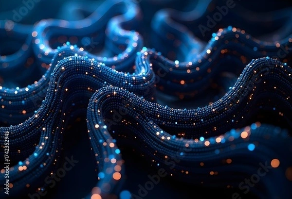 Fototapeta Abstract blue lines with blue dots flowing in a swirling pattern, creating a sense of movement and depth, on a blue background