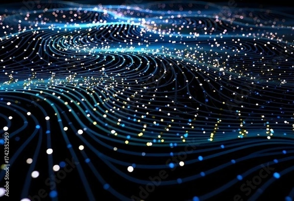 Fototapeta Abstract blue lines with blue dots flowing in a swirling pattern, creating a sense of movement and depth, on a blue background