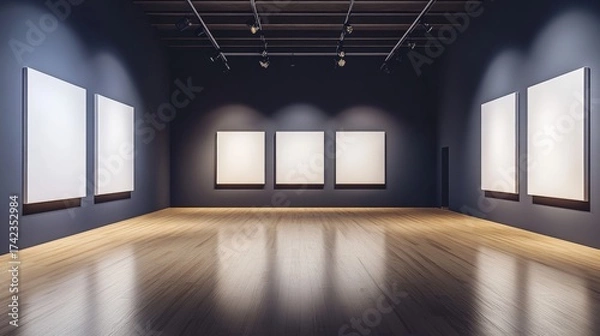Obraz A modern art gallery featuring empty frames on dark walls, with polished wooden floors reflecting overhead lights.