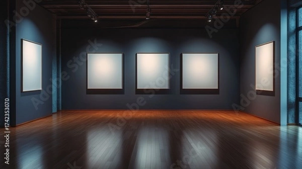 Obraz A modern art gallery interior with four empty frames on a blue wall, spotlighted under warm lighting, creating an inviting yet minimalist atmosphere.