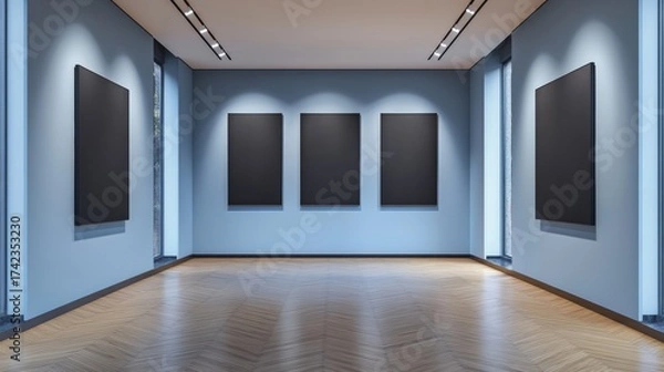 Obraz A minimalist art gallery featuring four blank black canvases on light blue walls with wooden flooring and ample natural light.