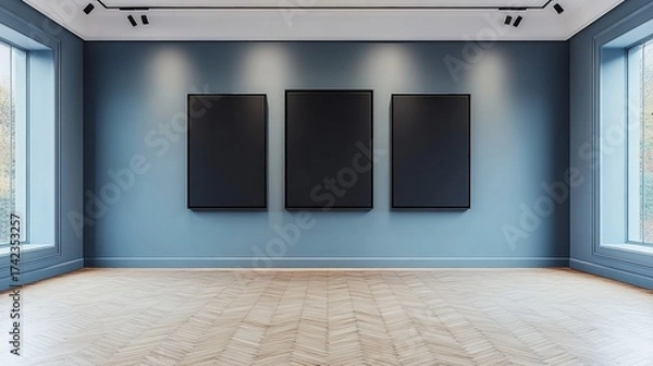 Obraz A modern gallery featuring three blank black canvases against a calming blue wall, emphasizing simplicity and space.