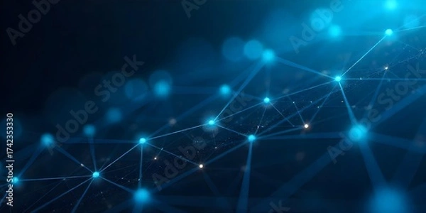 Fototapeta Abstract network of interconnected blue dots and lines forming a grid-like structure, dark blue background, creating a sense of depth and connectivity