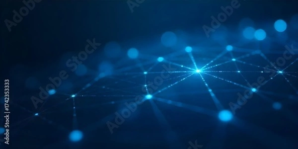 Fototapeta Abstract network of interconnected blue dots and lines forming a grid-like structure, dark blue background, creating a sense of depth and connectivity