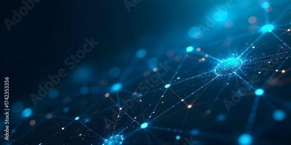 Fototapeta Abstract network of interconnected blue dots and lines forming a grid-like structure, dark blue background, creating a sense of depth and connectivity