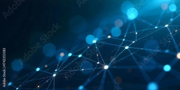 Fototapeta Abstract network of interconnected blue dots and lines forming a grid-like structure, dark blue background, creating a sense of depth and connectivity