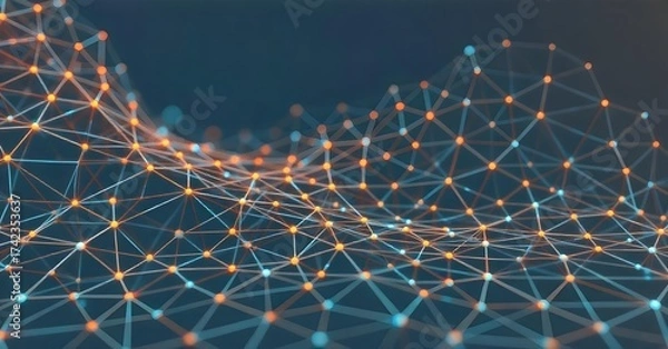 Fototapeta Abstract network of interconnected blue dots and lines forming a grid-like structure, dark blue background, creating a sense of depth and connectivity