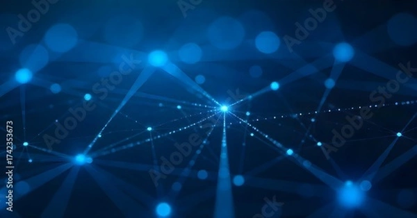 Fototapeta Abstract network of interconnected blue dots and lines forming a grid-like structure, dark blue background, creating a sense of depth and connectivity
