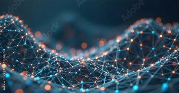 Fototapeta Abstract network of interconnected blue dots and lines forming a grid-like structure, dark blue background, creating a sense of depth and connectivity
