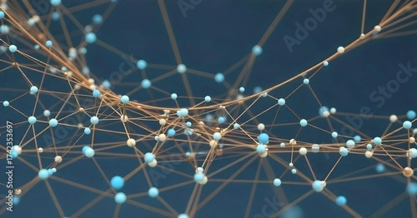 Fototapeta Abstract network of interconnected blue dots and lines forming a grid-like structure, dark blue background, creating a sense of depth and connectivity
