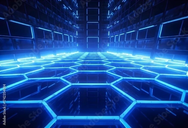 Fototapeta Hexagonal grid with blue neon lights, dark background, futuristic and technological design, abstract pattern,