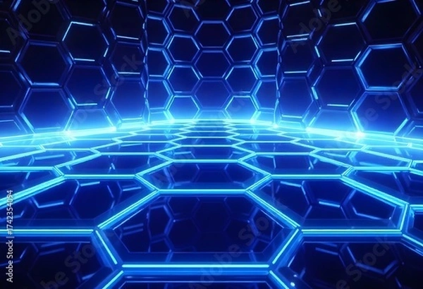 Fototapeta Hexagonal grid with blue neon lights, dark background, futuristic and technological design, abstract pattern,