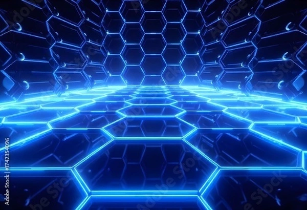 Fototapeta Hexagonal grid with blue neon lights, dark background, futuristic and technological design, abstract pattern,