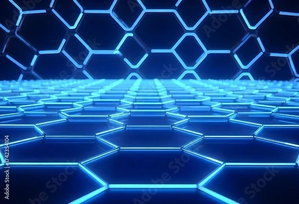 Fototapeta Hexagonal grid with blue neon lights, dark background, futuristic and technological design, abstract pattern,