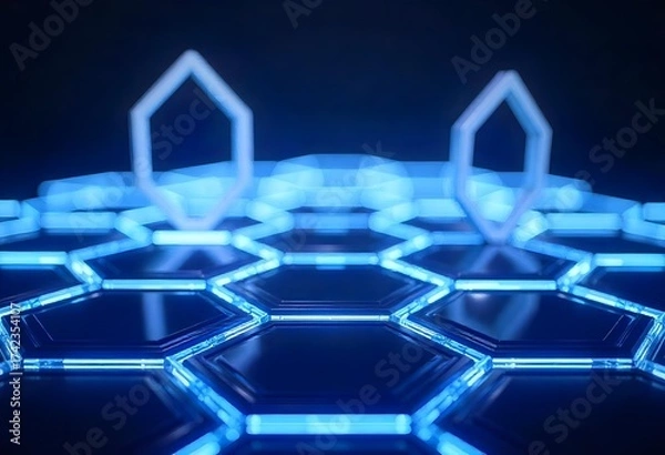 Fototapeta Hexagonal grid with blue neon lights, dark background, futuristic and technological design, abstract pattern,