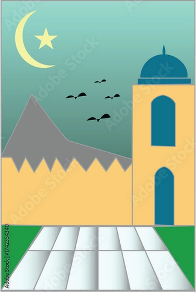 Obraz Islamic Mosque Illustration with Crescent Moon and Birds