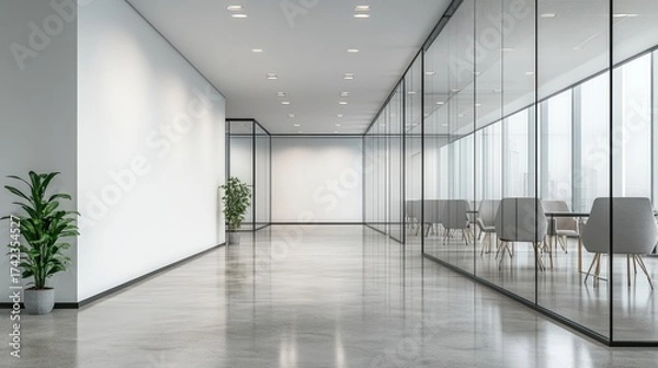 Obraz A modern office interior featuring glass walls, minimalist design, and greenery, creating a bright and spacious work environment.