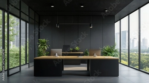 Obraz A modern office space featuring sleek black furniture, large windows, and greenery, creating a bright and open environment for productivity.