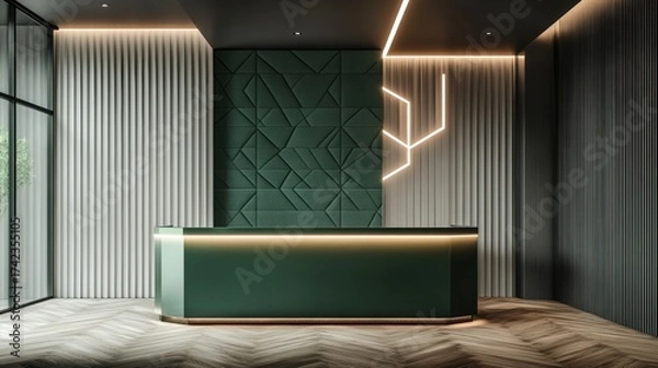 Obraz A modern reception area featuring geometric wall designs, sleek lighting, and a minimalist green counter, creating an inviting and stylish atmosphere.