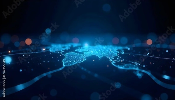 Fototapeta Abstract blue technology background with glowing light trails and geometric shapes, futuristic and modern design, dark blue color palette 