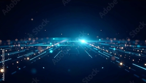 Fototapeta Abstract blue technology background with glowing light trails and geometric shapes, futuristic and modern design, dark blue color palette 