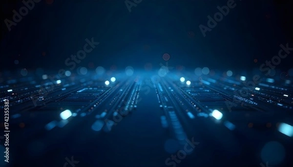 Fototapeta Abstract blue technology background with glowing light trails and geometric shapes, futuristic and modern design, dark blue color palette 