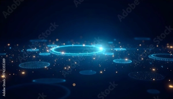 Fototapeta Abstract blue technology background with glowing light trails and geometric shapes, futuristic and modern design, dark blue color palette 