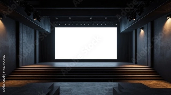 Obraz A modern stage with a blank screen, dim lighting, and stepped seating, creating a dramatic atmosphere for performances or presentations.