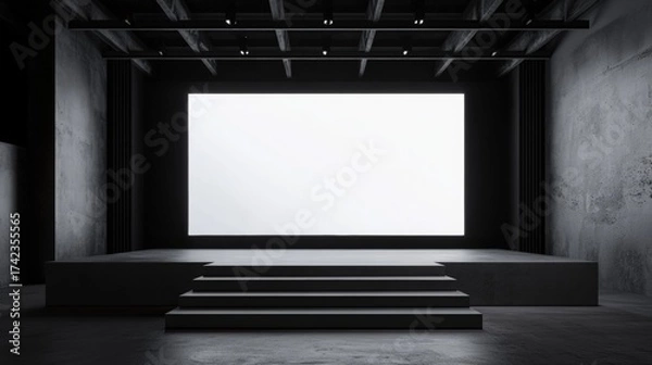 Obraz A minimalist stage featuring a large blank screen, set in a dark, industrial space with steps leading up to it.