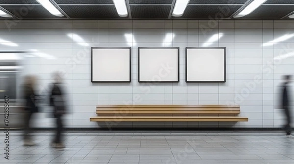 Obraz A minimalist subway station scene featuring a wooden bench and three empty frames on a tiled wall, with blurred figures of commuters passing by.