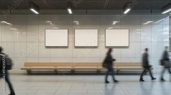 Obraz A modern, empty hallway features three blank frames on a wall and a long bench, with people walking in motion, creating a dynamic atmosphere.