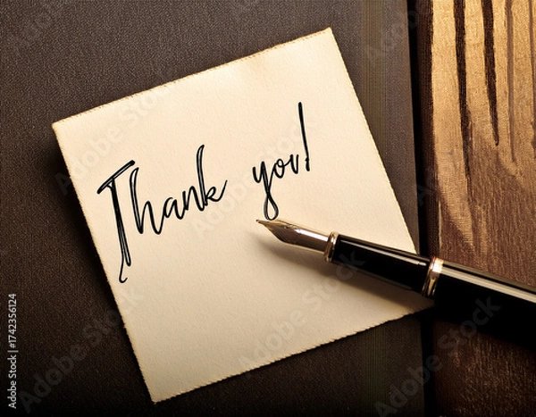 Fototapeta Handwritten Thank You Note With Pen on Wooden Desk