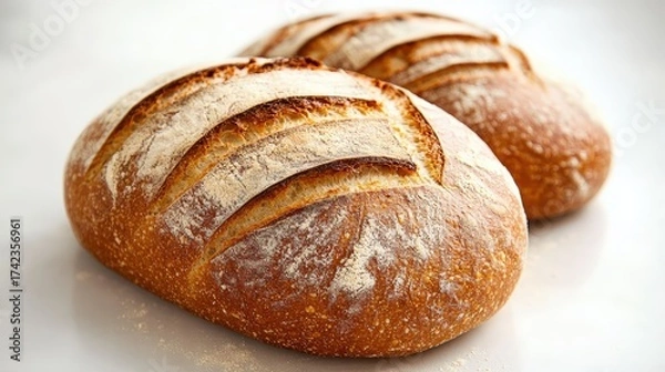 Obraz Freshly baked loaves of artisan bread with a golden crust and flour-dusted surface, showcasing a rustic and inviting appearance.