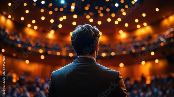 Obraz A speaker addresses an audience, illuminated by warm lights in a theater, creating an engaging and captivating atmosphere.