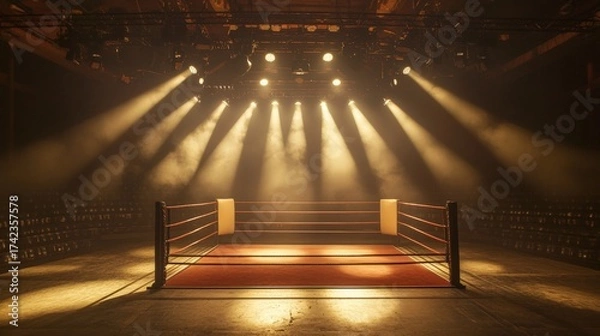 Obraz A boxing ring illuminated by dramatic lighting, set in an empty arena filled with shadows, creating a tense and focused atmosphere.