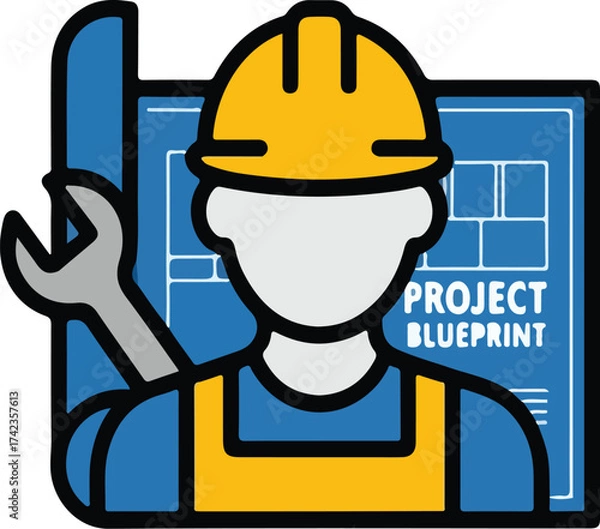 Fototapeta Engineer with blueprint and wrench vector illustration