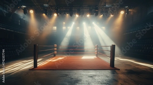 Obraz A dimly lit boxing ring surrounded by empty seats, illuminated by dramatic spotlights, creating a tense and anticipatory atmosphere.
