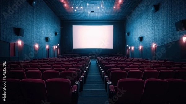 Obraz A cinematic theater interior featuring empty red seats and a large blank screen, illuminated by soft blue and pink lighting.