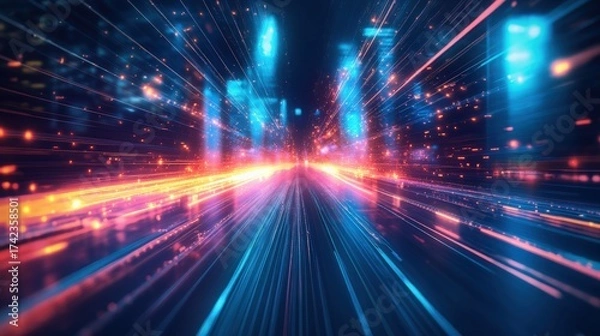 Obraz A vibrant, dynamic scene depicting streaks of light suggesting speed and motion, set against a backdrop of colorful city lights.