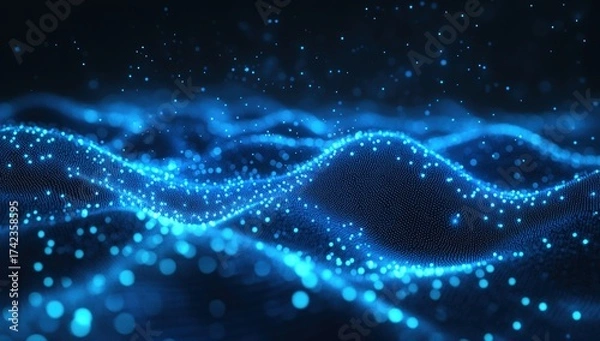 Obraz A mesmerizing digital visualization of flowing waves composed of glowing blue particles against a dark background, creating an immersive, futuristic atmosphere.