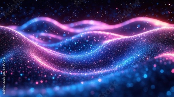 Obraz A mesmerizing digital landscape with vibrant waves of blue and pink lights, resembling sparkling hills in a cosmic setting.