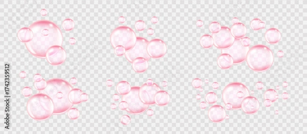 Fototapeta Set of pink collagen bubbles on a transparent background with glossy cosmetic shine.