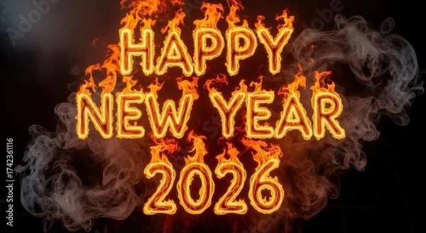 Fototapeta Happy new year 2026 with fiery text effect and smoke on a black background