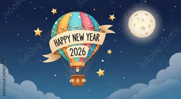 Fototapeta Happy new year 2026 balloon with moon and stars in the night sky